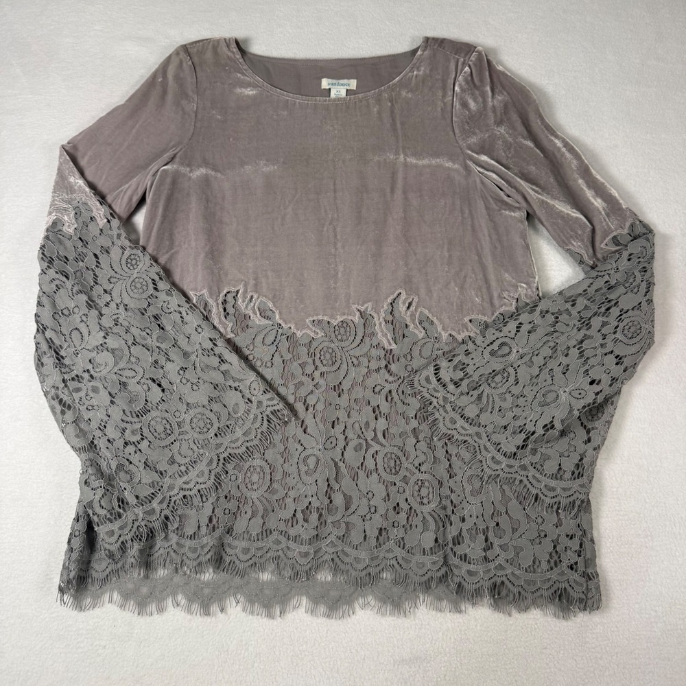 Sundance Velvet Lace Blouse Womens XS‎ Gray Silk Blend Boho Romantic Holiday Top